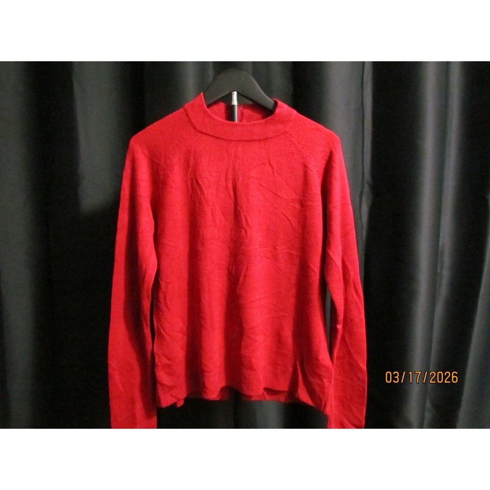 Red Mock Neck Back Zip Long Sleeve Knit Sweater Womens Solid Classic Pullover